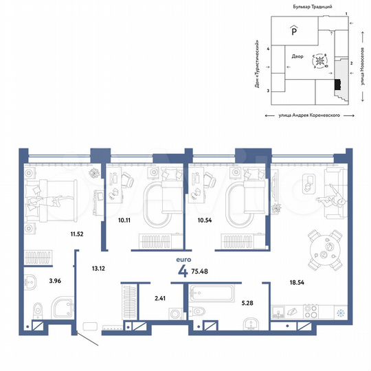 4-к. квартира, 75,5 м², 11/15 эт.