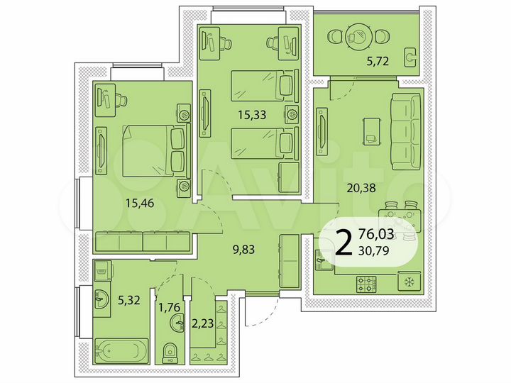 2-к. квартира, 76 м², 2/5 эт.
