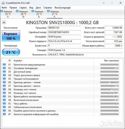 SSD M2 NVMe 1TB Kingston NV2 Crystaldiskinfo 100%