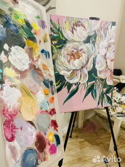 Картина маслом на холсте цветы пионы большая