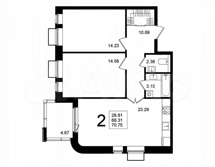 2-к. квартира, 70,8 м², 2/5 эт.