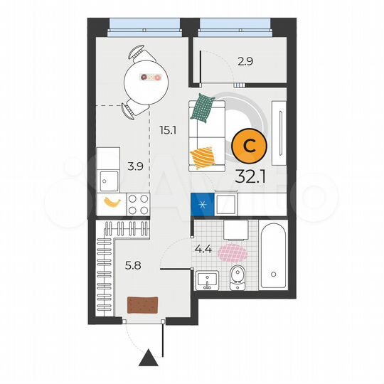 Квартира-студия, 32,1 м², 13/25 эт.