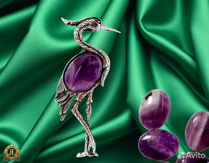Брошь с аметистом натуральным Журавль Премиум клас
