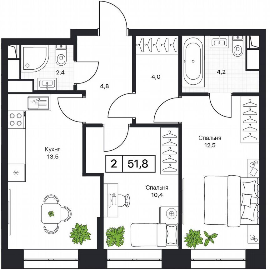 2-к. квартира, 51,8 м², 2/17 эт.