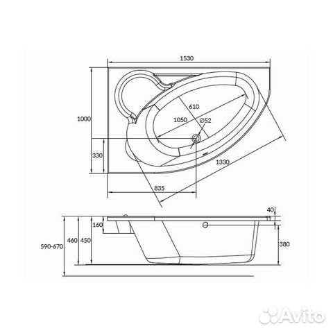 Ванная акриловая асимметричная kaliope 153x100