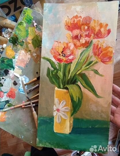 Картина Тюльпаны маслом на холсте в раме 20х40 см