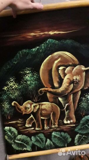 Картина, свиток, слоны, маслом на бархате