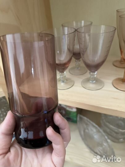 2 набора фужеров и стакан из цветного стекла СССР