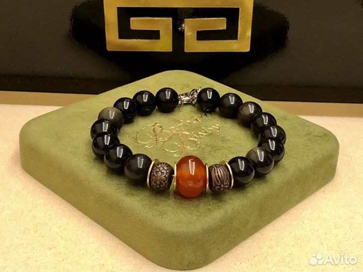 Браслет с натур черным обсидианом и сердоликом