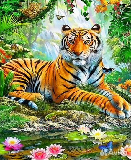 Картина по номерам 40x50 Довольный тигр у реки с л