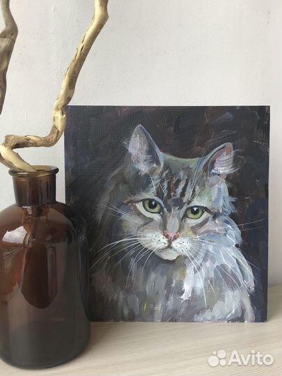 Серый кот. Картина с котами. Мини картина акрилом
