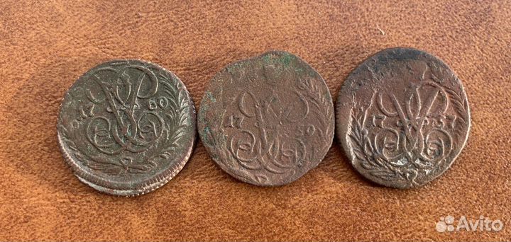 3 монеты Деньга Елизаветы, 1757, 1759, 1760