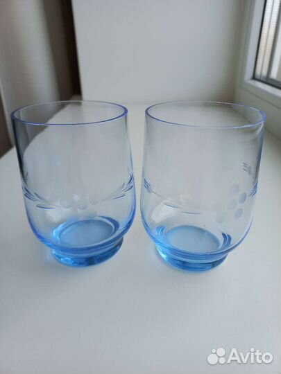 Кувшин с крышкой и два стакана голубое стекло СССР