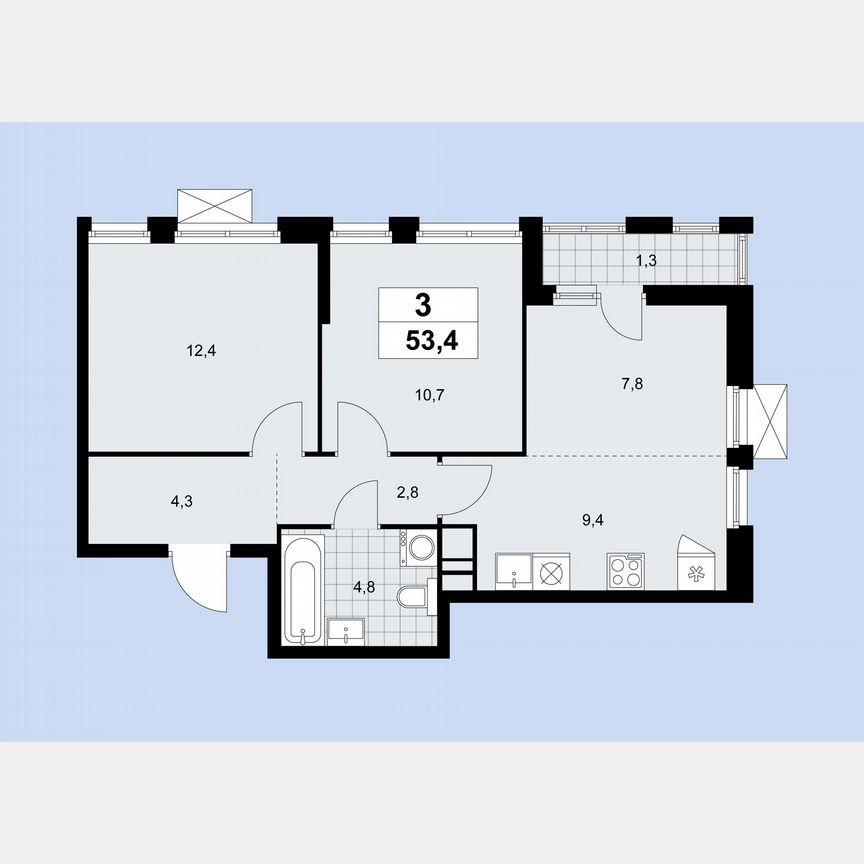 3-к. квартира, 53,4 м², 5/9 эт.