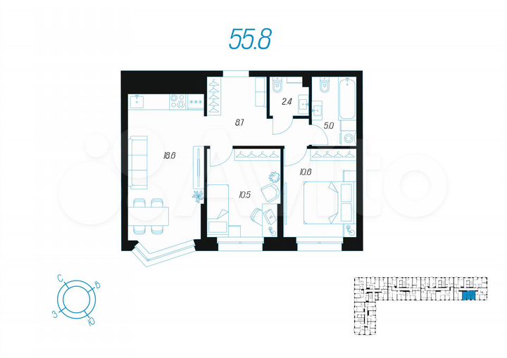 2-к. квартира, 55,8 м², 5/24 эт.
