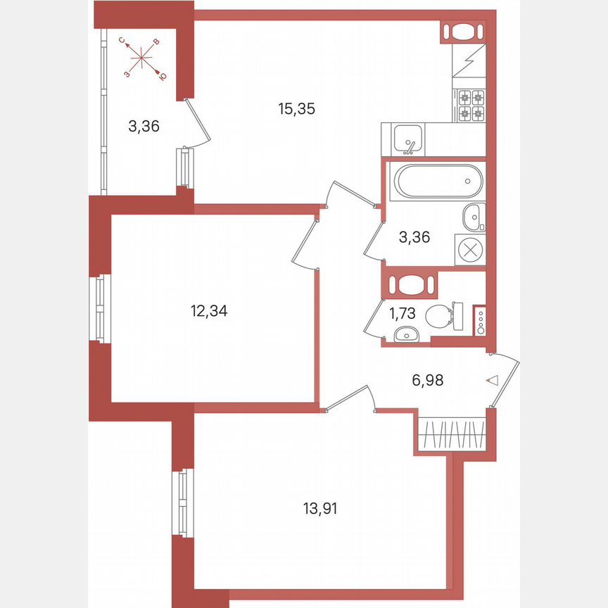 2-к. квартира, 55,5 м², 4/12 эт.