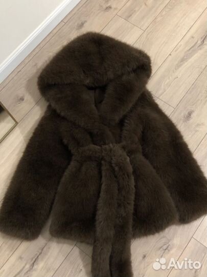 Шуба с капюшоном коричневая XS S lime zara новая