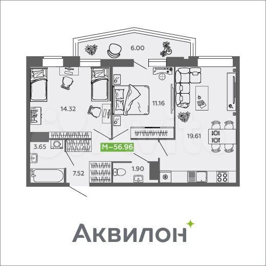 2-к. квартира, 60 м², 3/9 эт.