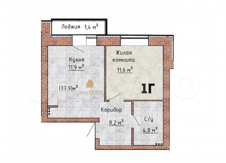 1-к. квартира, 37,9 м², 1/9 эт.