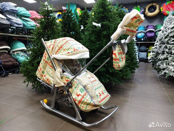 Санки коляска Galaxy 1 бежевый с красным