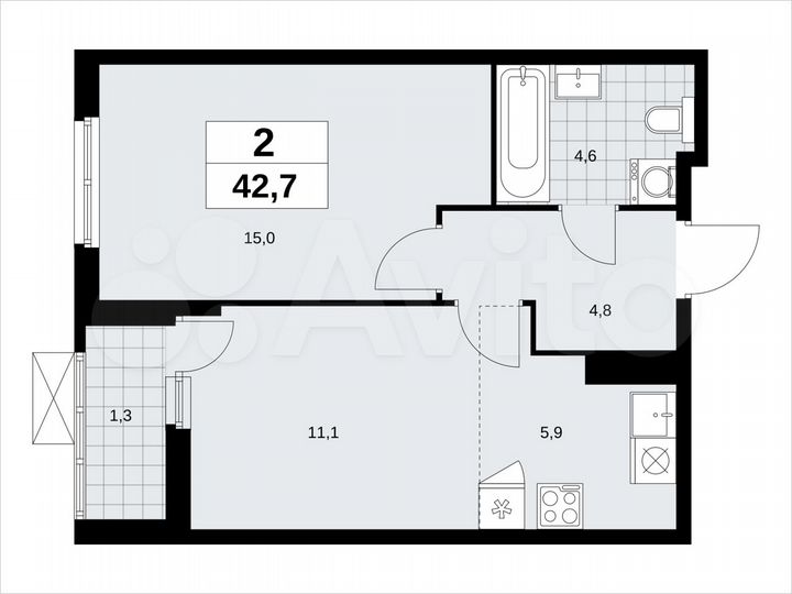 2-к. квартира, 42,7 м², 14/18 эт.