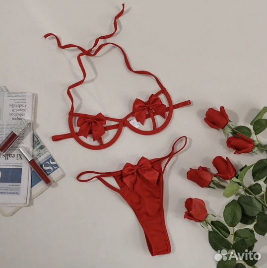 Комплект Нижние белье с бантами, красное, новое