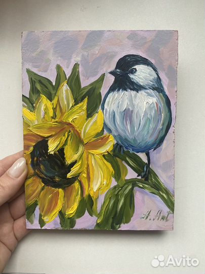 Птичка подсолнух картина маслом миниатюра