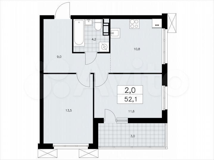 2-к. квартира, 52,1 м², 9/9 эт.