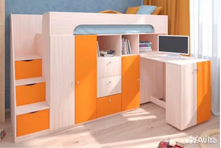 Кровать Чердак Со Столом и шкафом Белый/Салатовый