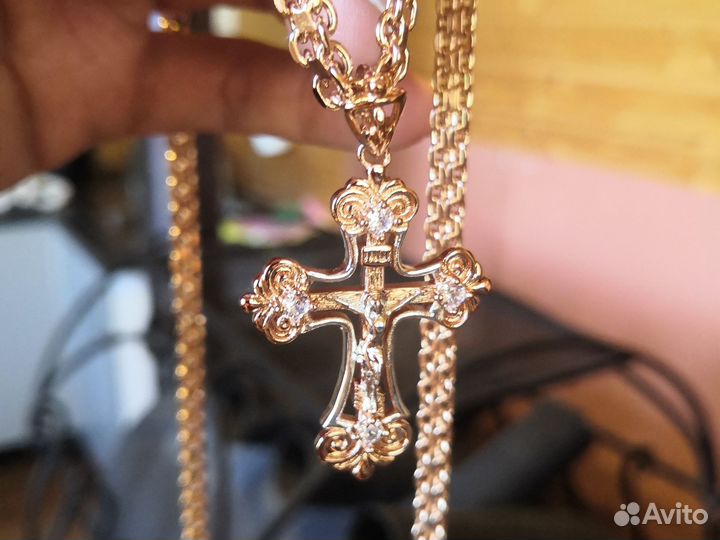 Цепочка бисмарк+шикарный крест покрытие золото