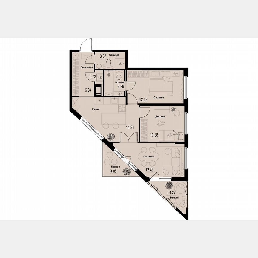 3-к. квартира, 66,3 м², 5/12 эт.