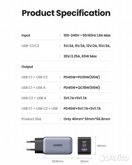 Зарядное устройство Ugreen Nexode GaN 65W