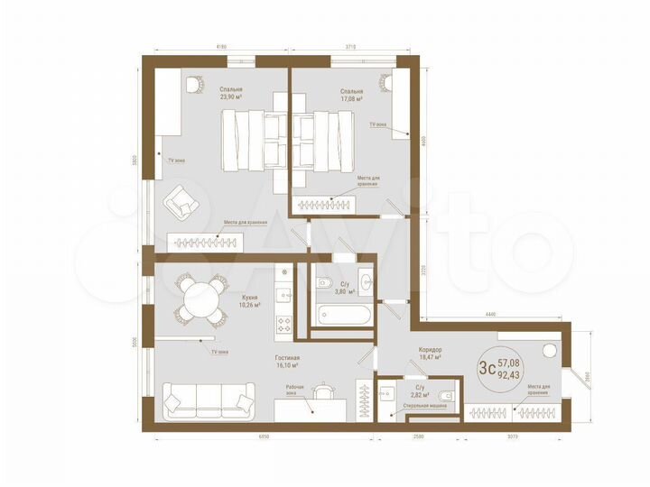 3-к. квартира, 92,4 м², 24/25 эт.