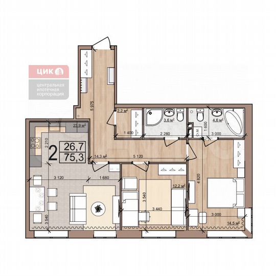 2-к. квартира, 75,3 м², 11/25 эт.