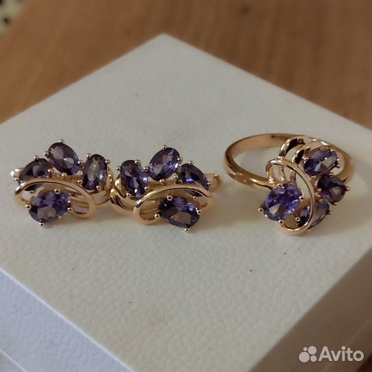 Золотые кольцо серьги с аметистом 585 RG