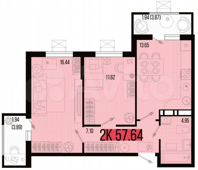 2-к. квартира, 57,6 м², 2/8 эт.