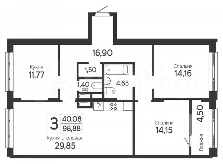 3-к. квартира, 98,9 м², 7/22 эт.