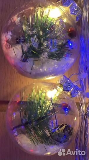 Гирлянда 10 шаров внутри шишка елка снег клюква