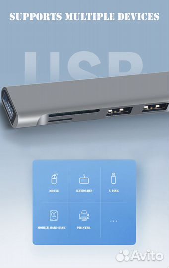 Компактный 2в1 картридер 3 портами USB 3,0 type-C