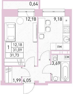1-к. квартира, 31,7 м², 12/17 эт.
