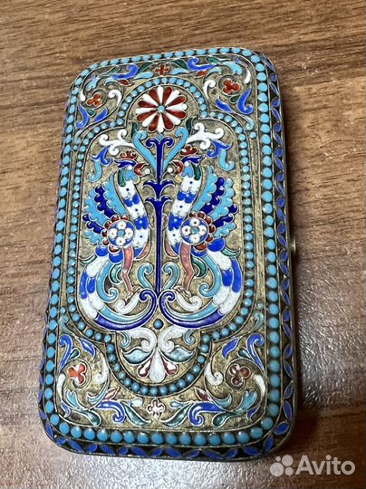 Портсигар старинный в эмалях. Серебро 84 пробы