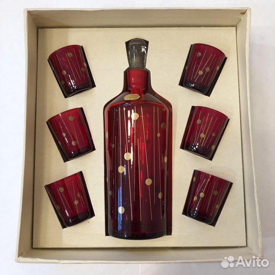 Набор из штофа и 6 стопок (рубин, Богемия, новый)