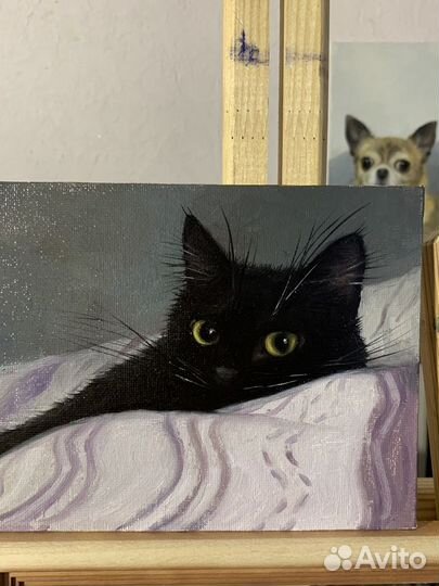 Картина маслом с черным котом