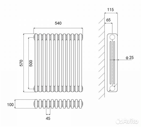 Стальной трубчатый радиатор Kohr Heim 3057/12 секций с боковым подключением 3/4 черный