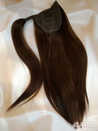 Хвост шиньон темно русый волосы натуральные новые