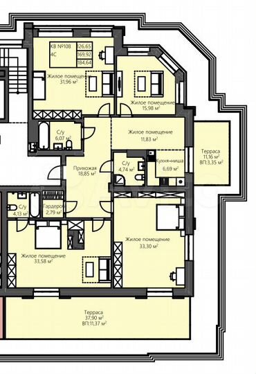 4-к. квартира, 184,6 м², 8/9 эт.