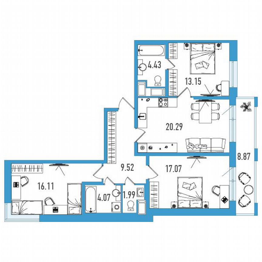 3-к. квартира, 89 м², 10/18 эт.