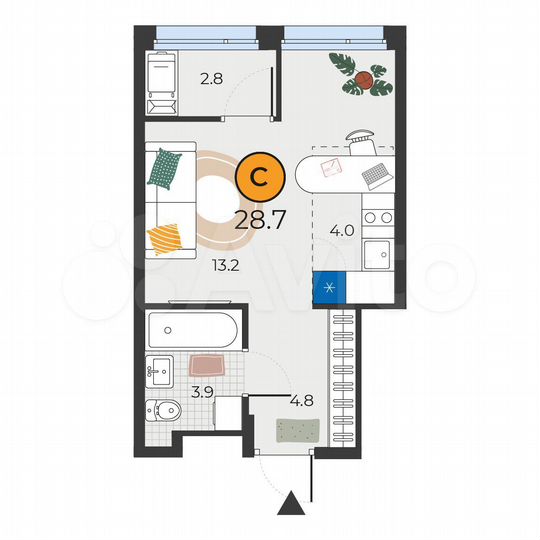 Квартира-студия, 28,7 м², 23/25 эт.