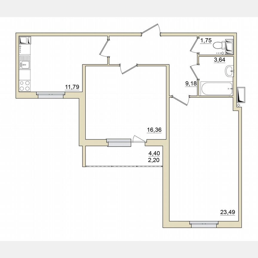 2-к. квартира, 68,4 м², 5/6 эт.