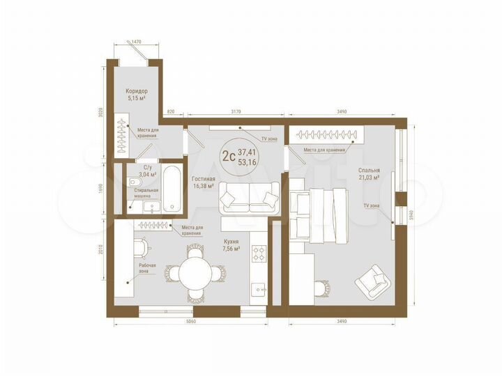 2-к. квартира, 53,2 м², 15/25 эт.